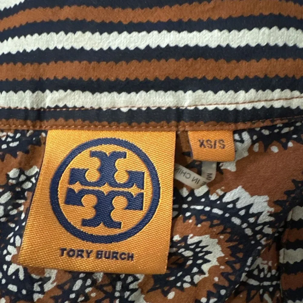 Tory Burch Brown Paisley Tunic with Black and Cream Stripes